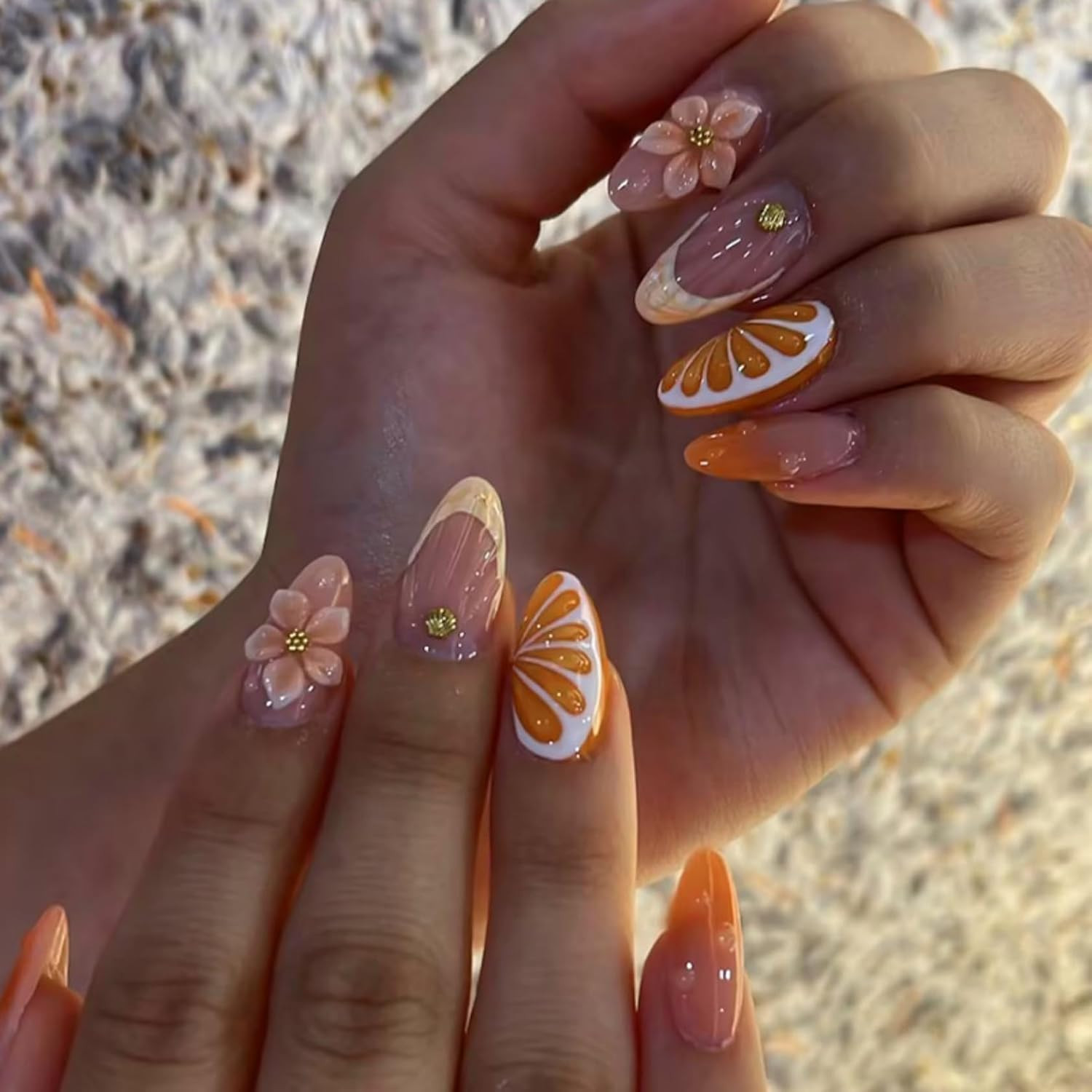 Almond Press on Nails 3D Floral Fake Dark Brown False Artificial Stick on Nails