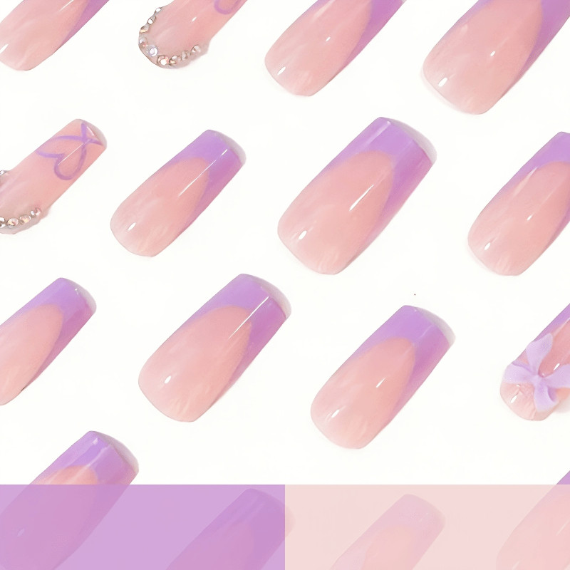 48Pcs-Long Square Lavender Purple French 3D Bow Heart Sweet Girl Press on Nails