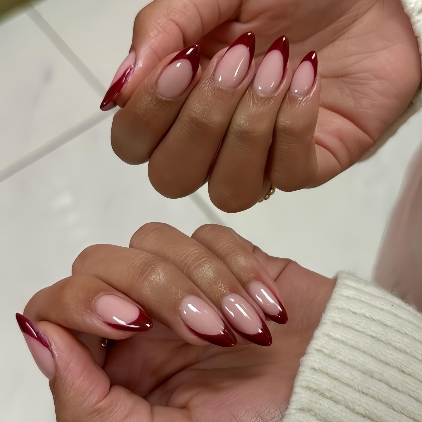 SXVME Dark Burgundy Red French Tip Press on Nails Almond Shape, Acrylic Fake …