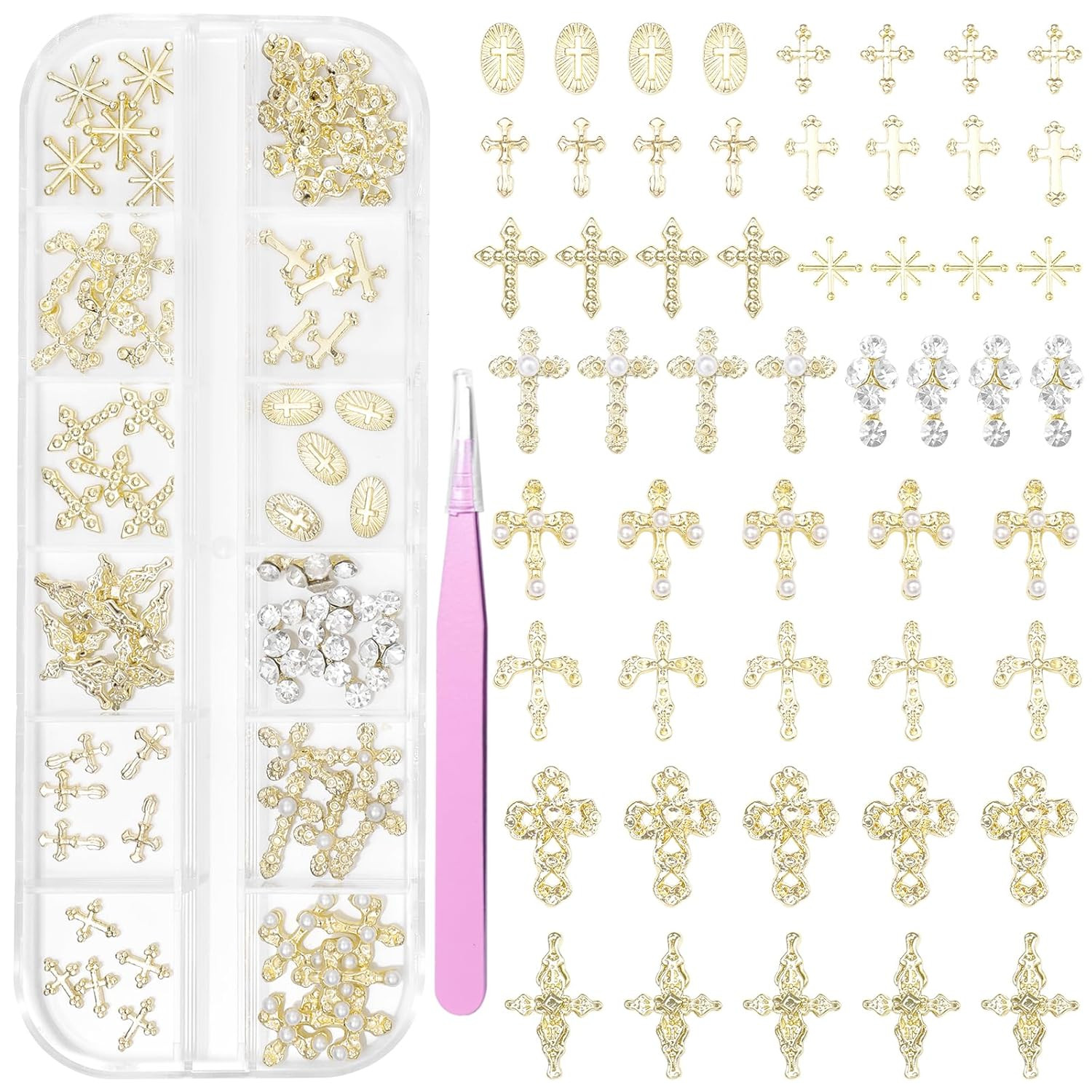 60 Pcs Gold Coss Nail Charms, 12 Styles 3D Cross Gold Nail Charms Crosses Star N