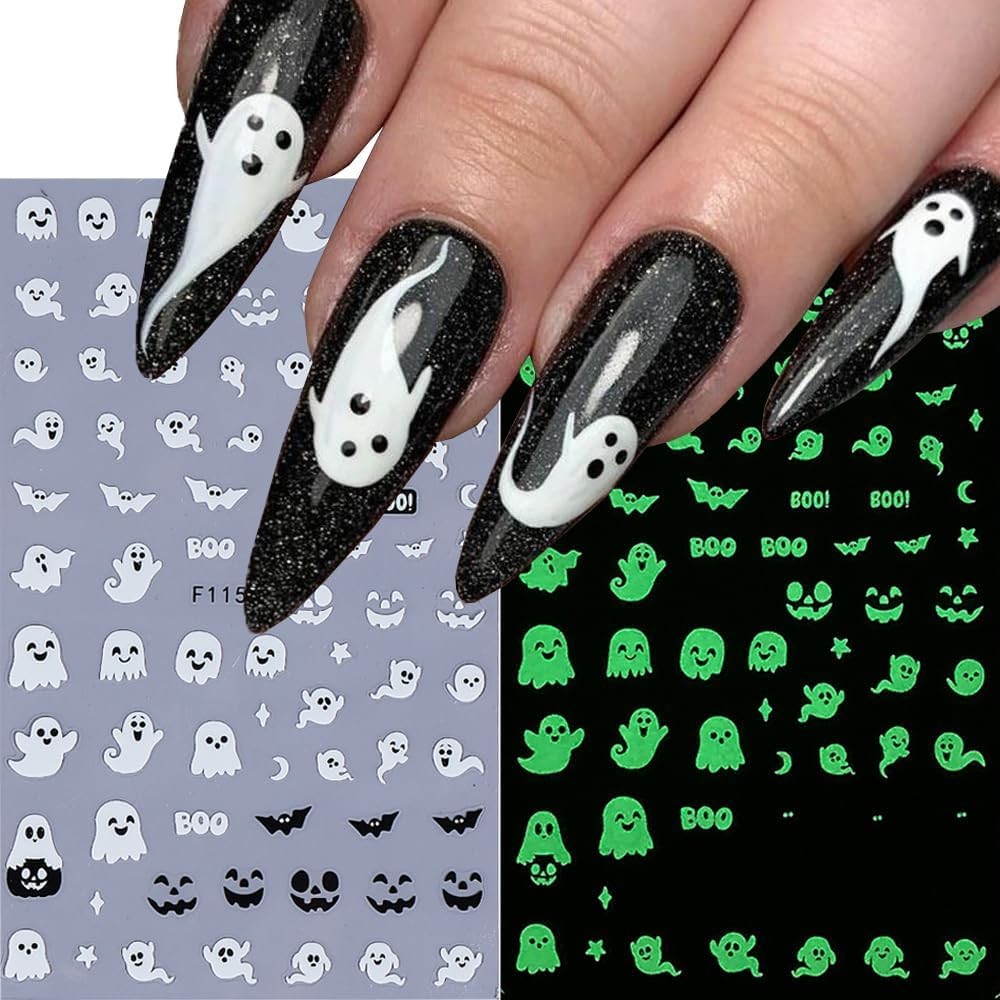 6pcs Halloween Nail Stickers Light in The Dark Cute Ghost Nail Decals Luminou…