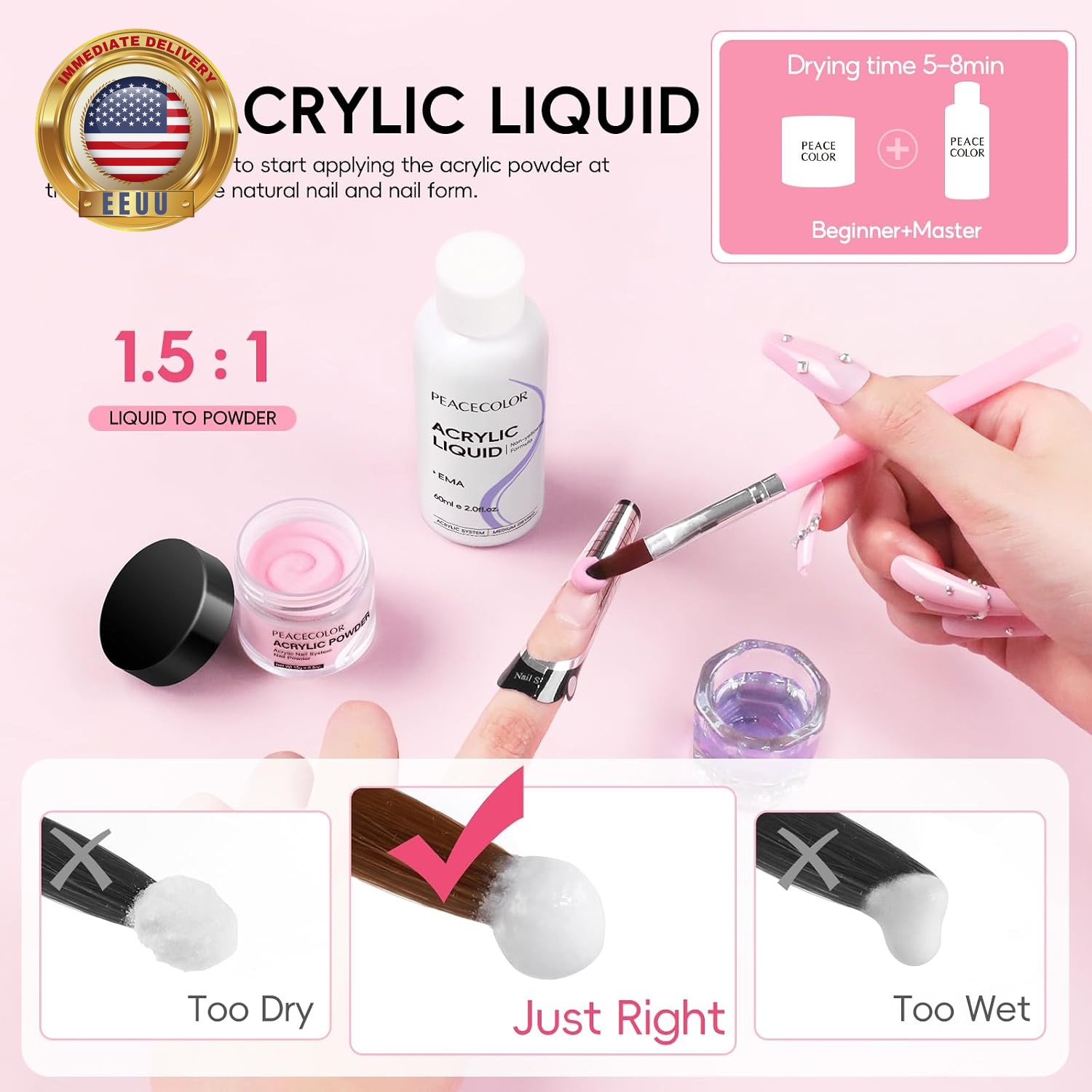 Acrylic Nail Kit ,Clear White Pink 15G Acrylic Powder and 60Ml Liquid Set Brush