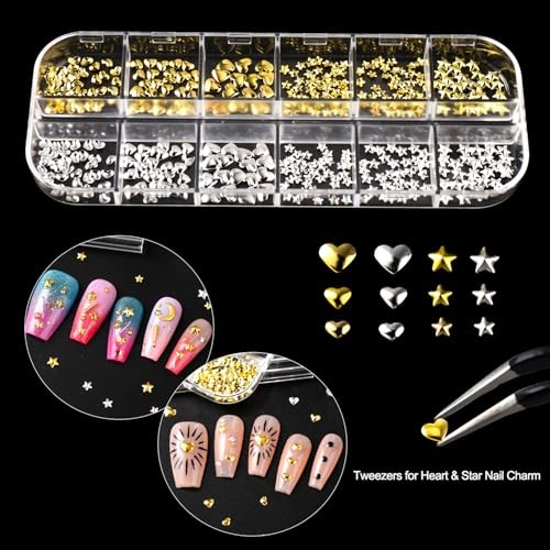 3D Nail Charms Gold & Silver Heart Star S-274-03+ZSHZ-982+G-167 white+tweezers