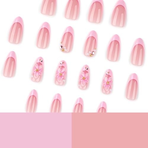24Pcs French Tip Press on Nails with Charms 3D Pink French Pink Flower Style 6