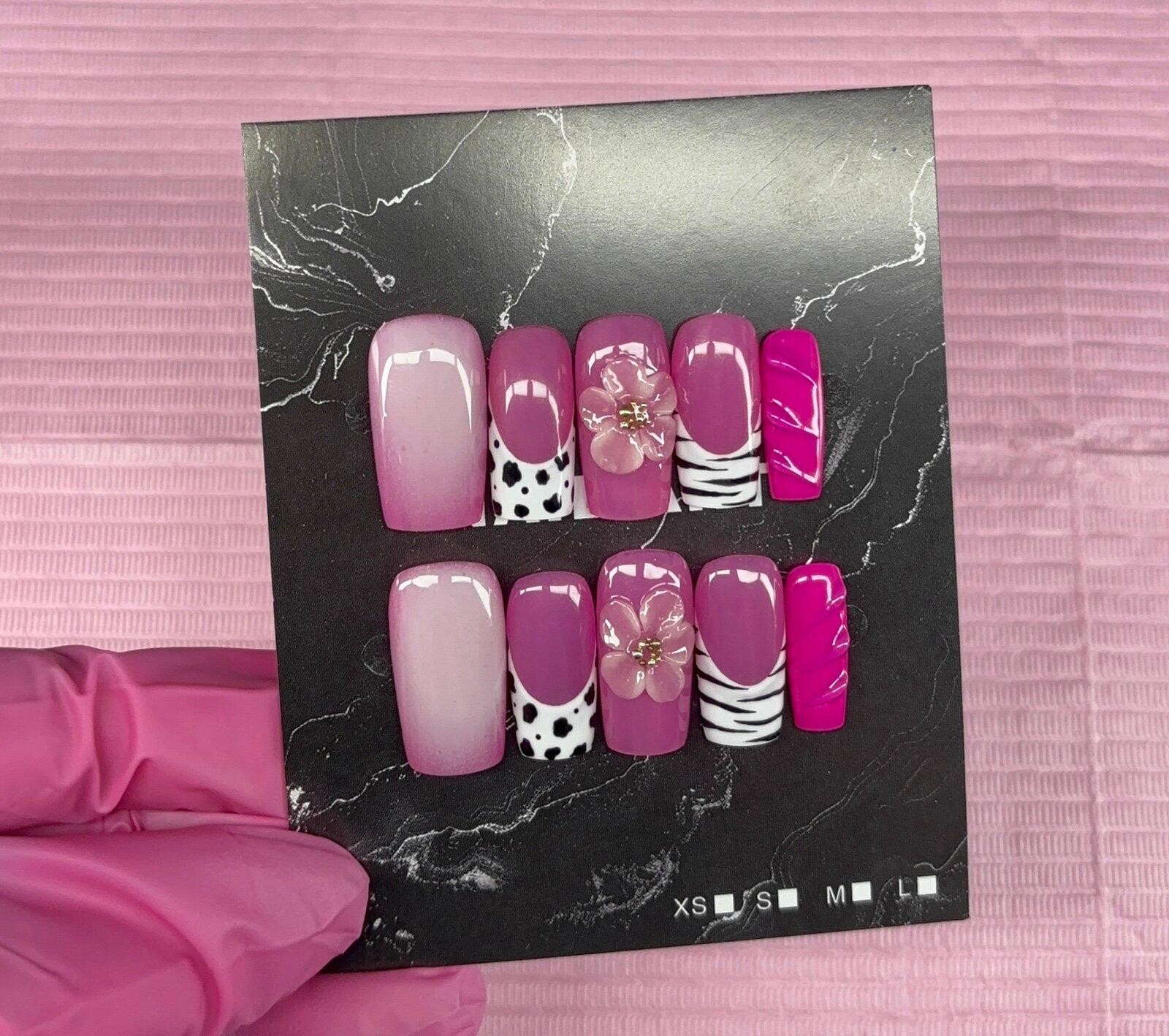 Medium square press on nails animal print 3d gel flower aura