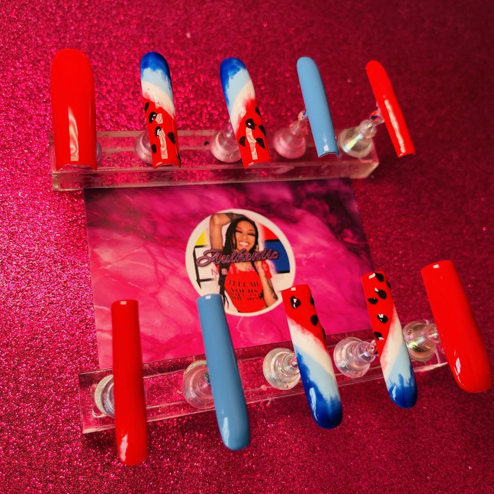 Authentic Nail Arts by Dia Square Press-On Nails Red Blue White Black Patriotic