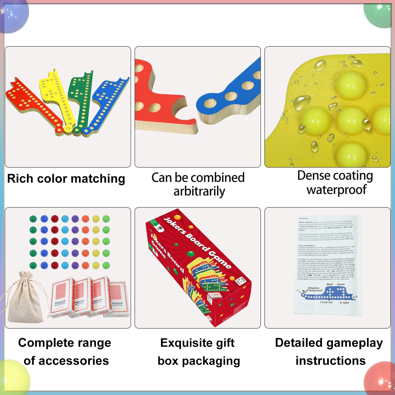 Medikaison Colorful Jokers and Marbles Board Game 15x5x4 inches, 4 Colors