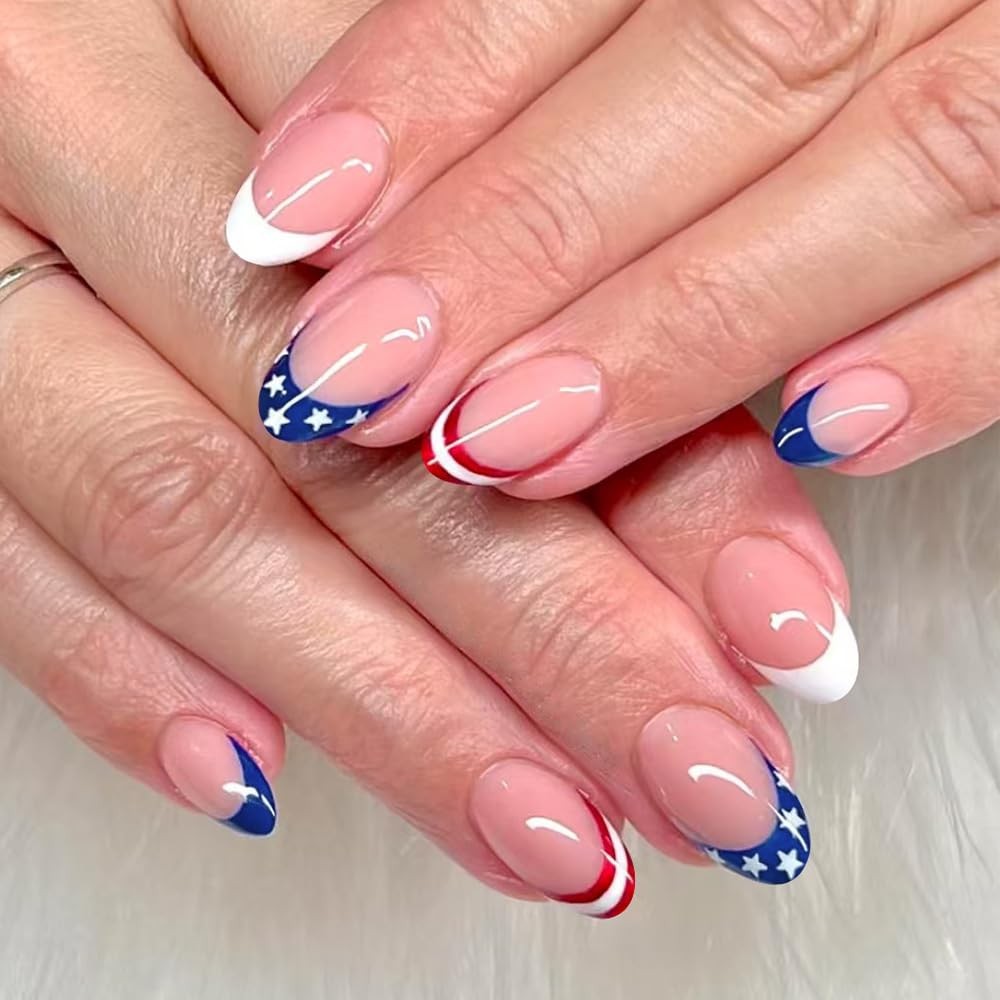 24 Pcs Independence Day Press on Nails Short Almond Fake Nails with Star Desi…
