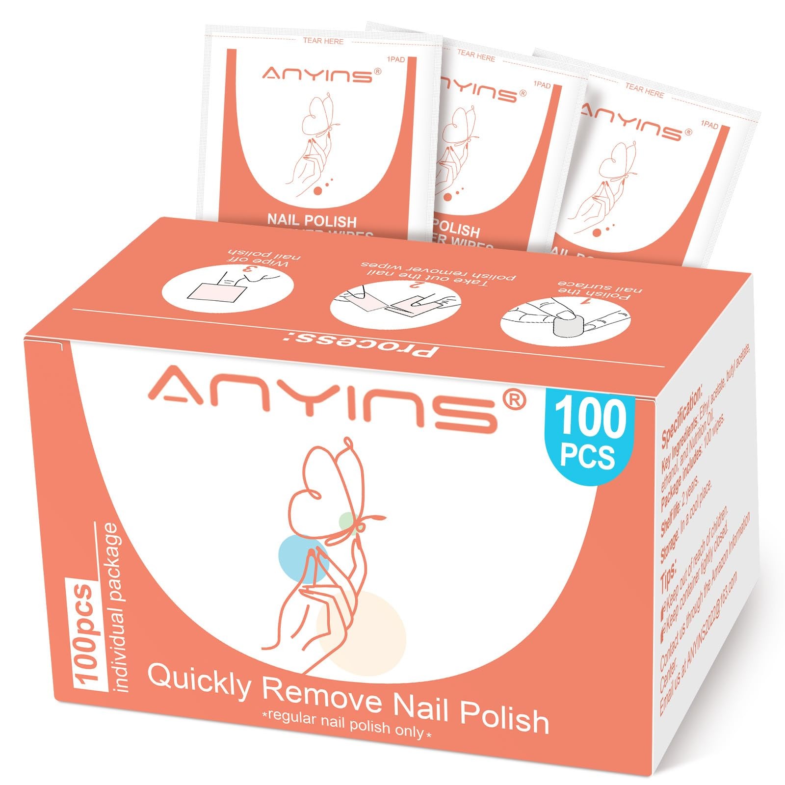 ANYINS Nail Polish Remover Pads，100PCS Wipes Fast 100PCS