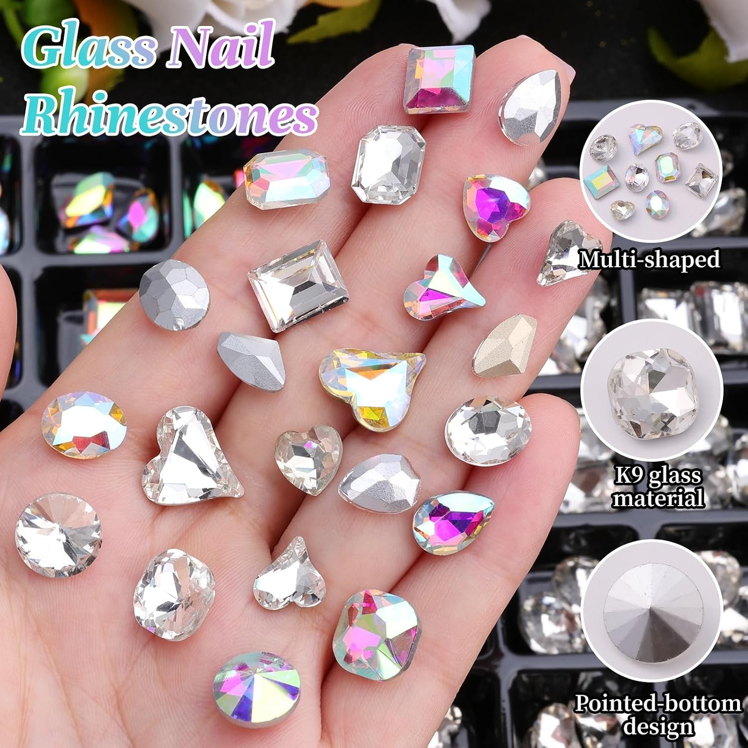 104PCS Large Clear AB Glass Nail Gems, 3D Rhinestones for Nail Art & DIY