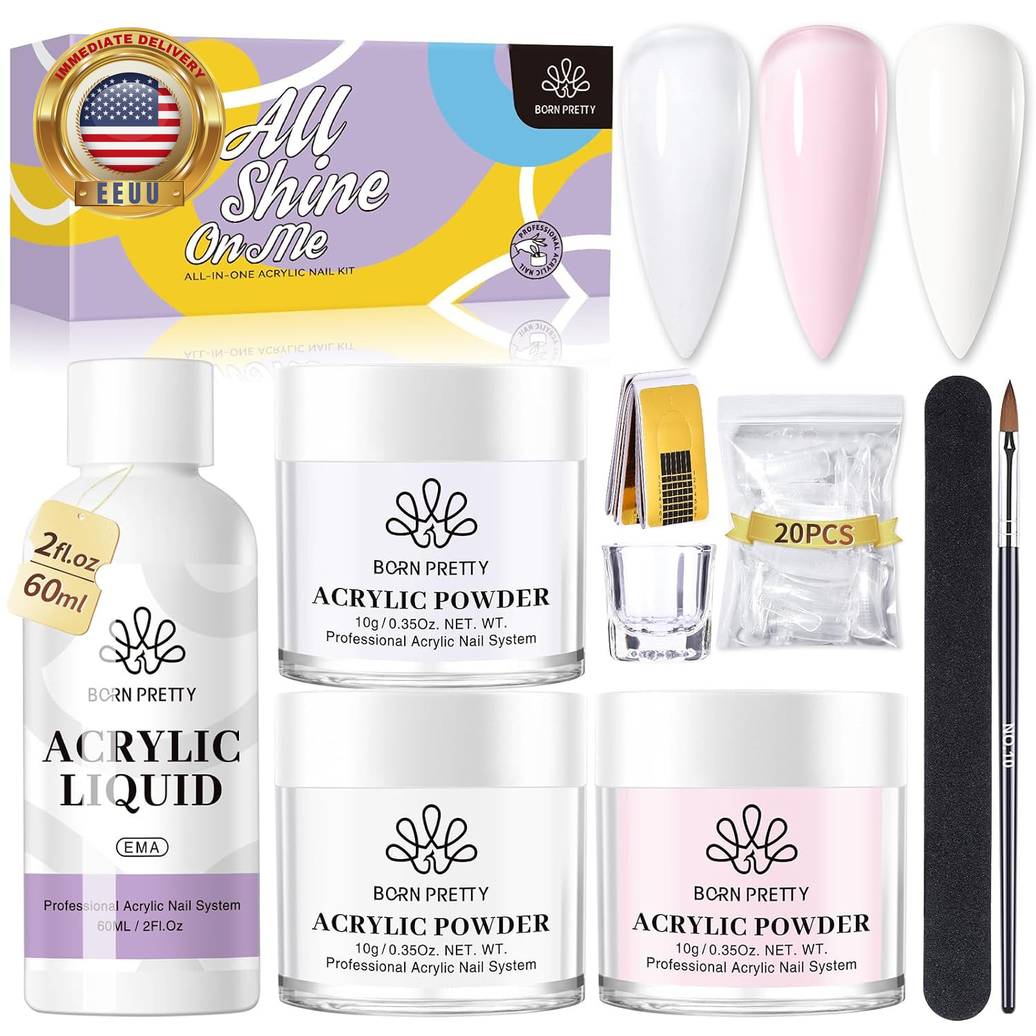 Acrylic Nail Kit – Acrylic Powder (Clear, White, Pink) & Liquid Set with Nail Fo