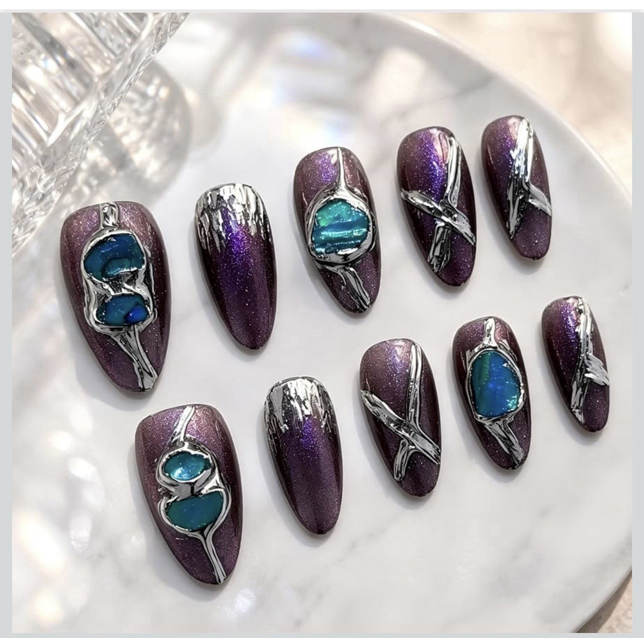 Handmade Purple Chrome Press On Nails Medium Almond Teal Gems 10Pc Reusable