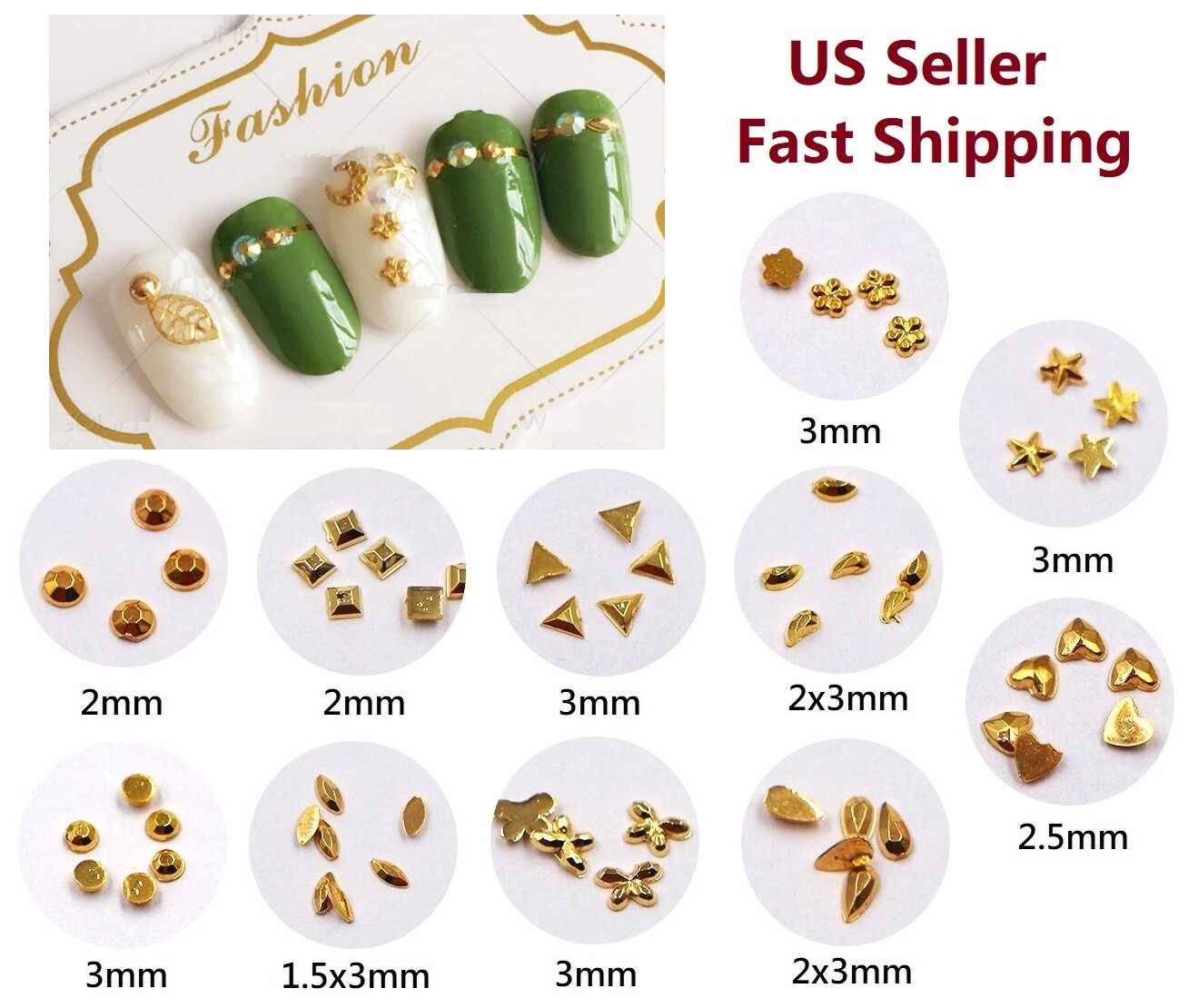 100pcs New 3D 11 Shapes Gold Metallic Flatback&Top Solid Stud DIY Nail Art Decor