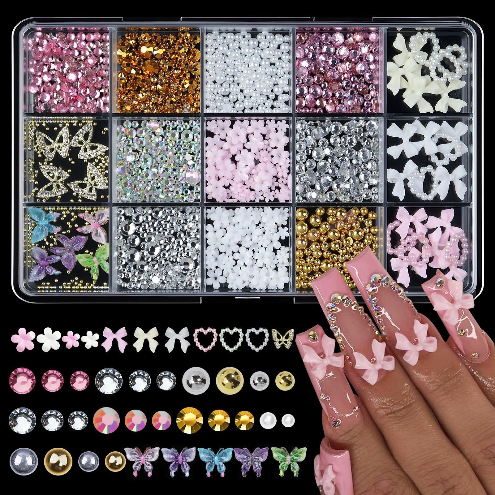 15Grids/Box Resin Nail Art Decor Multi Shape Flower Bow Butterfly Moon & Heart