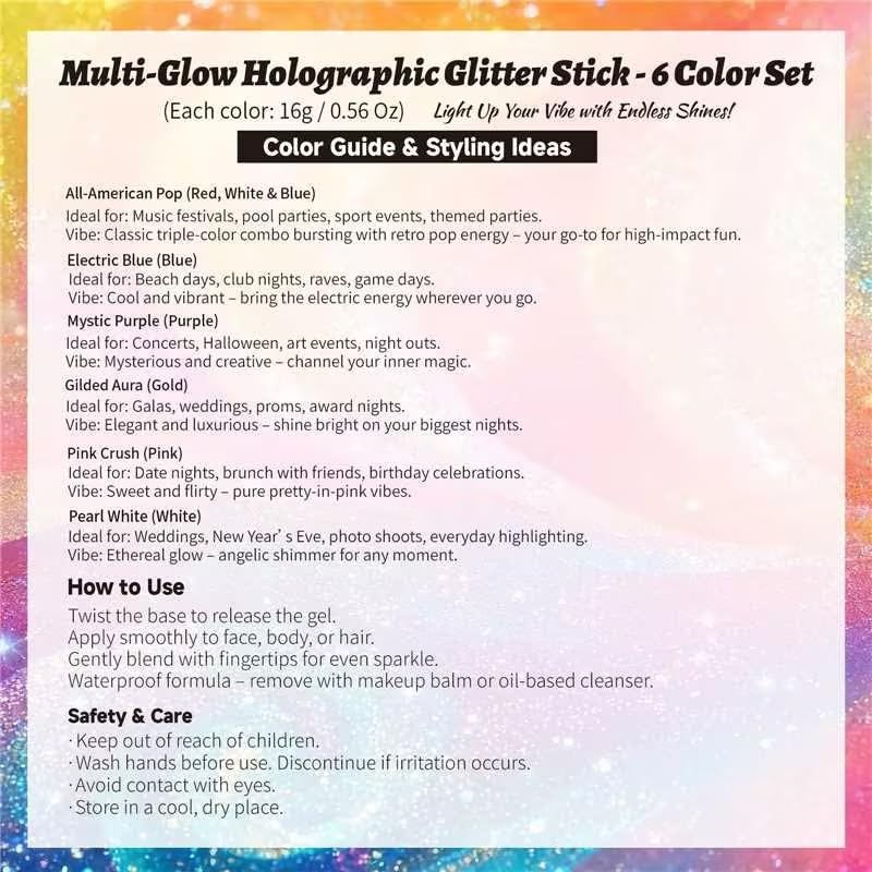 Body Glitter Stick 6 Pack Red White and Blue Face & Hair Glitter with Chunky…