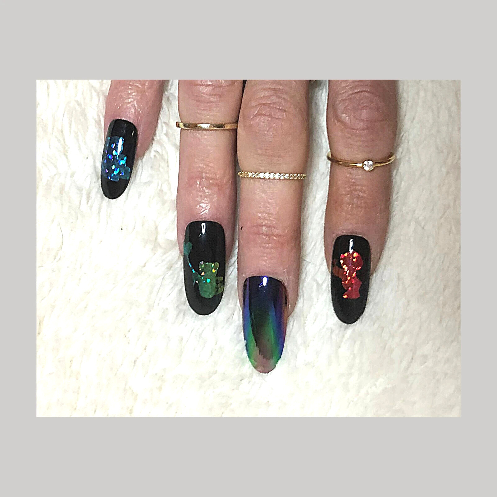 Rainbow Bears and Holo Aurora Press-On Nail Set – Long Round (Size 0-8)