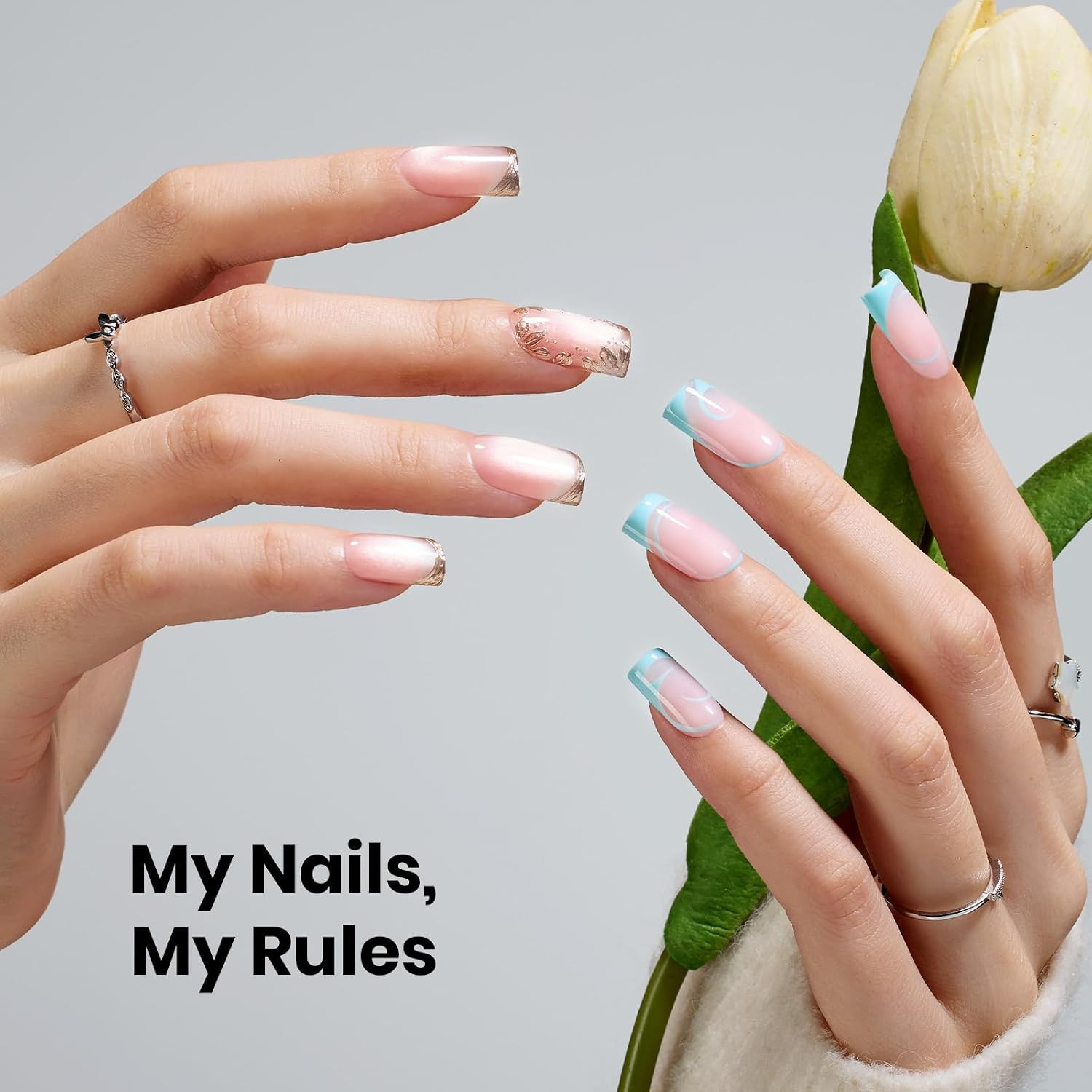 Gel Nail Tips Flat-X- Square Medium, 320Pcs 16 Sizes(00-14) | Pre-Etched Half Ma
