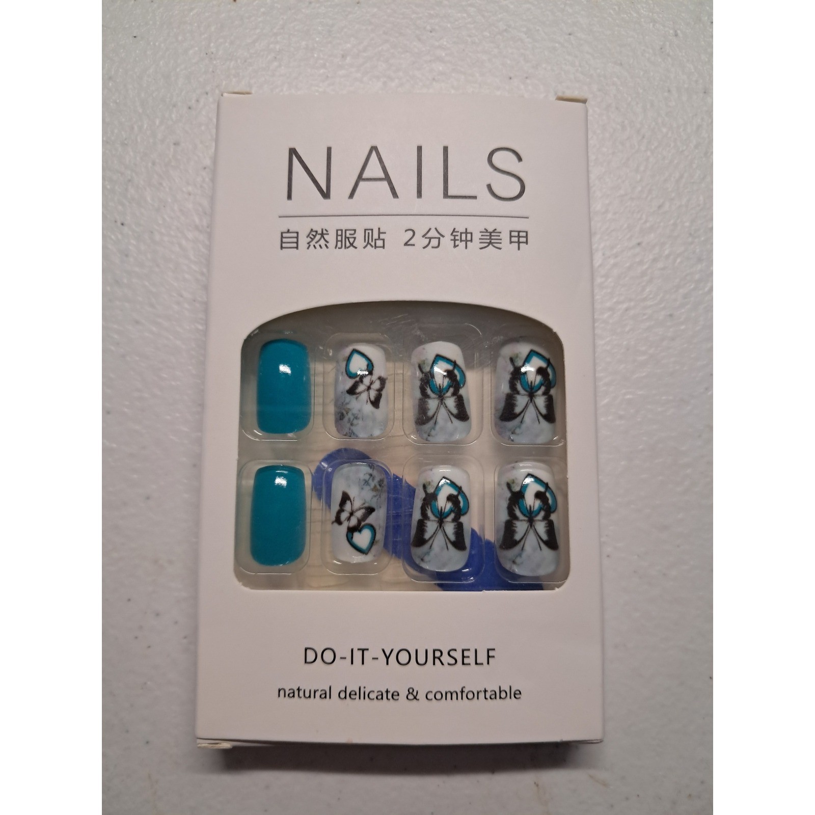 Teal Blue and Butterfly Marble Press On Nails DIY Manicure Kit with Adhesive Tab