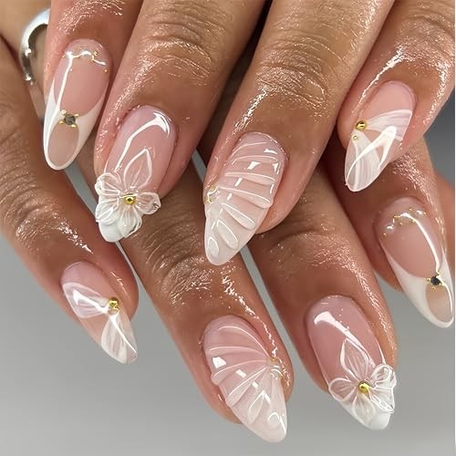 24Pcs White French Tip Press on Nails Medium Almond Fake Nails hibiscus flower