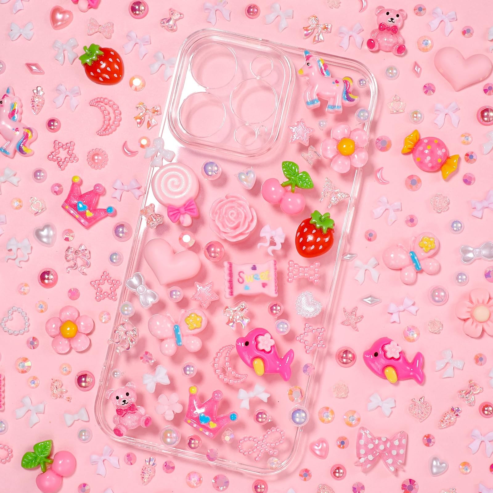 AnoleAir Junk Case Charms Kit, Pink White Pearls Resin Rhinestones Bedazzling…