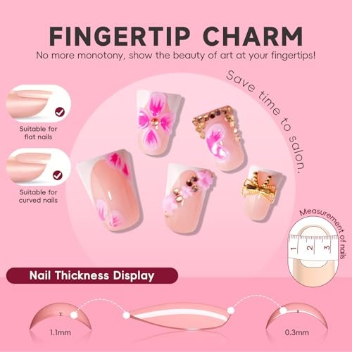HOSAILY 3D Hot Pink Flower Summer Beach Press on Nails Short Pink Flower Duck
