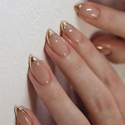 Chrome Gold French Tip Press on Nails Short Almond, Natural Nude almond gold