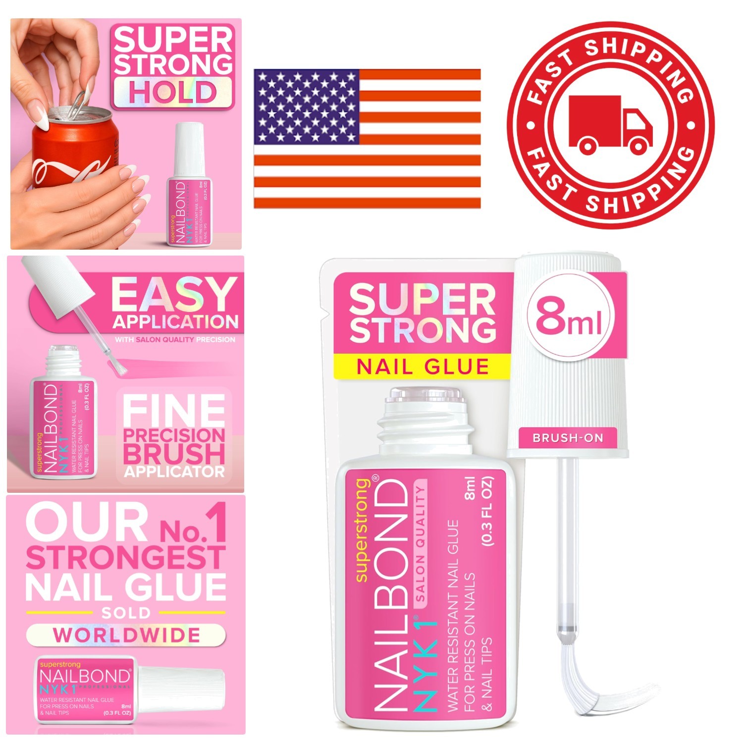 Super Strong Nail Glue 8ml Brush On Clear Fast Drying Water Resistant Formula