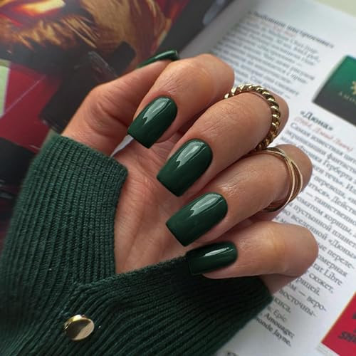 Emerald Green Press on Nails Short Medium Square Glue on square glossy green