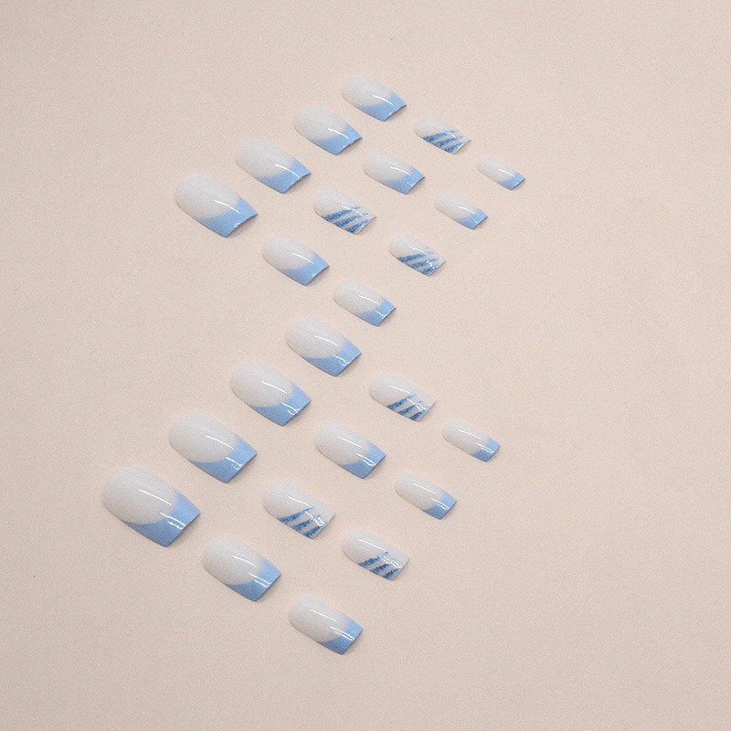 48P Short Square Press on Nails,Milky White Light Blue French Glitter Fake Nails