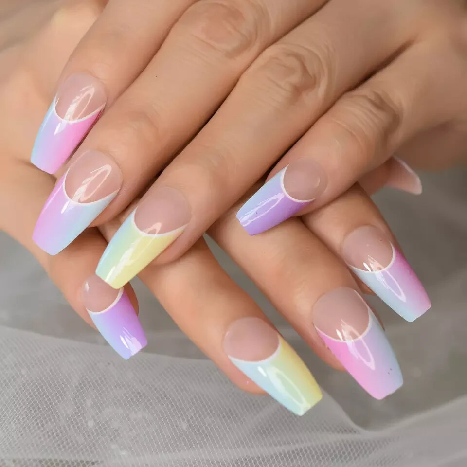 Colorful French Ombre Medium Coffin Press On Nails, Glue On False Set 24 pcs Kit