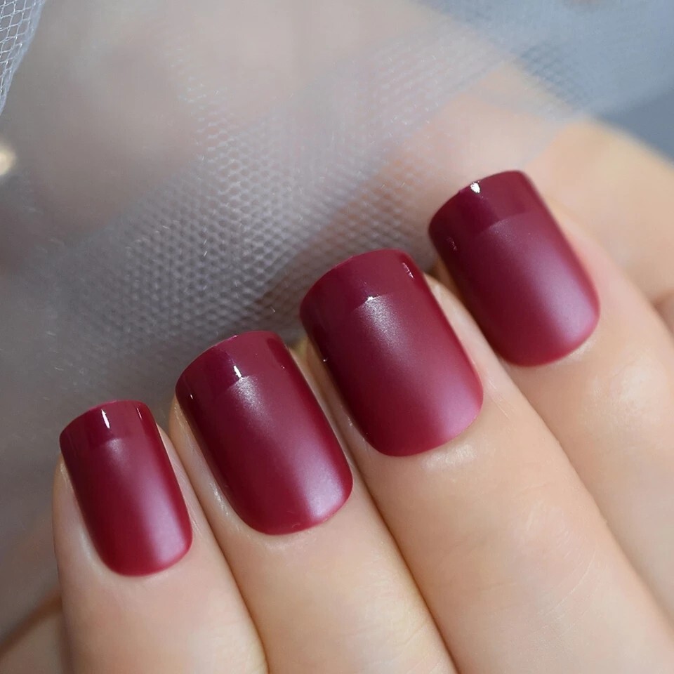 24 Short Burgundy Maroon Press On Nails kit glue on dark wine red purple berry