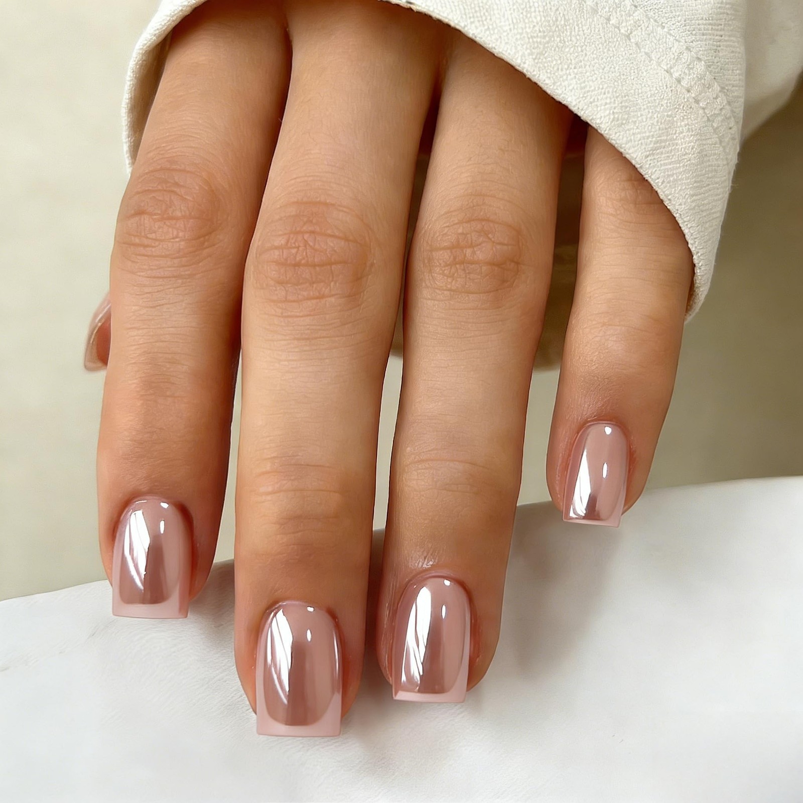SXVME Chrome Peach Pink Press on Nails Short Square, Glazed Short Fake Nails …