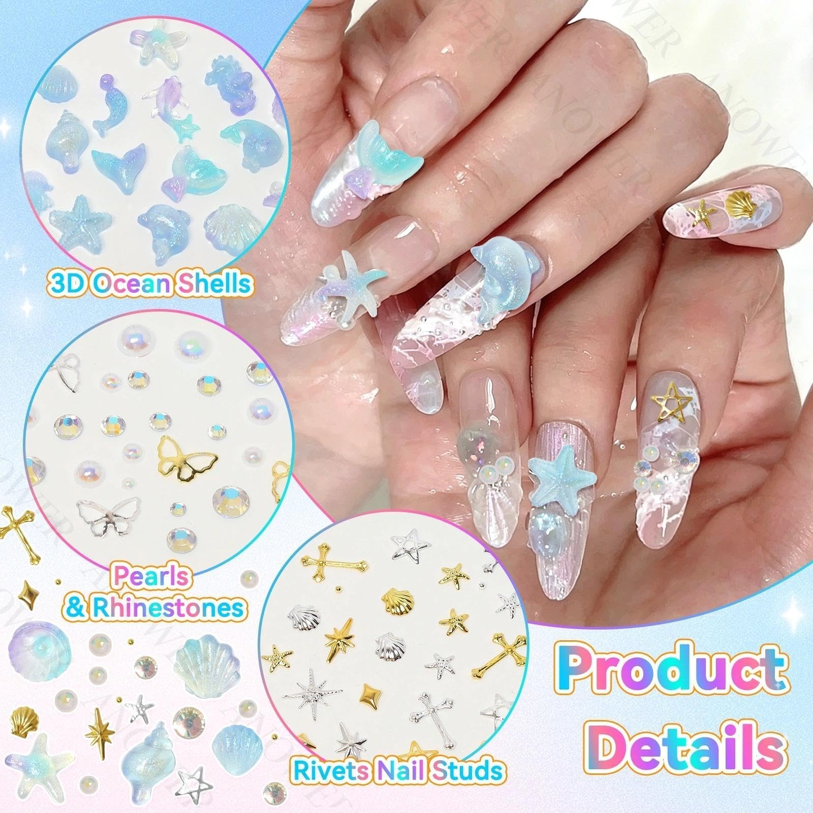 3 Boxes Nail Art Charms Kit, Ocean Series Seashells Nail Charms, Glass Flatba…