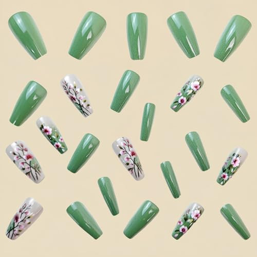 Flower Press-on Nails, 24 Pcs, Green, Floral Modern, Coffin Flower Style3
