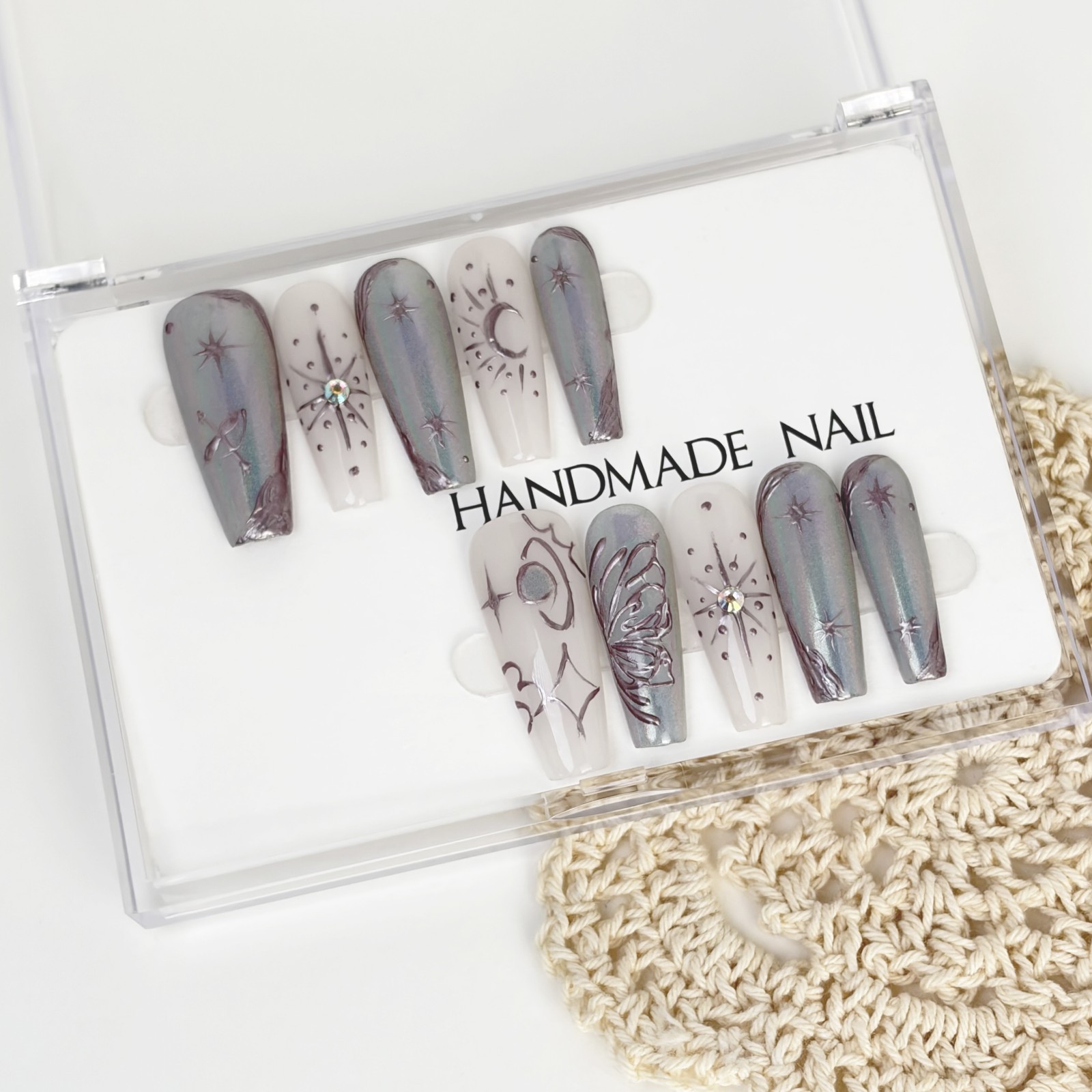 Futuristic Silver Gray Diamond Thorn Coffin Press-On Nails with Metal Details