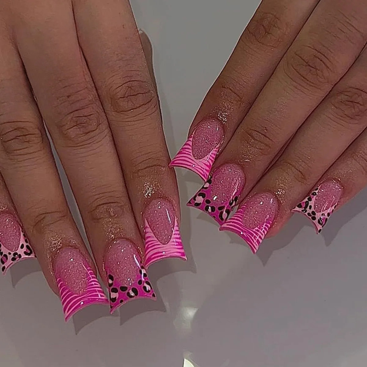 Pink Leopard Duckbill Press On Nails Sweet French Full Cover False Nails
