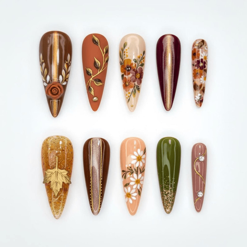 Brown Daisy Rose Handmade Press on Nails Gold Leaf Glitter Marble Fake Nails