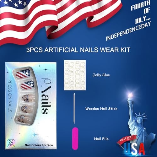 Oval Fake Nails 4th of July – Short Oval Nail – 3 Nails