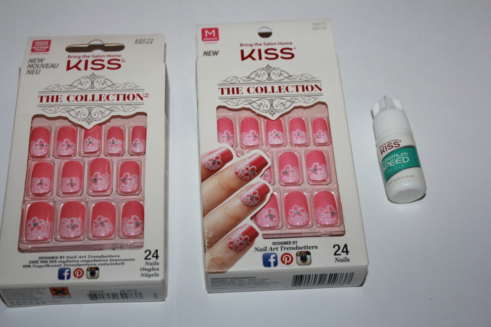 Lot/2 Kiss The Collection Artificial Nail Medium Pink with Lace & Flowers + Glue