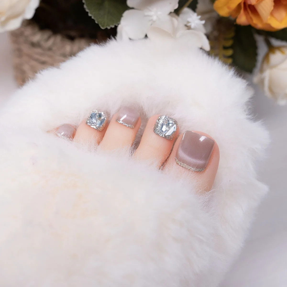 24pcs Glitter Crystal False Toenails Rhinestone Full Cover Fake Toe Nails