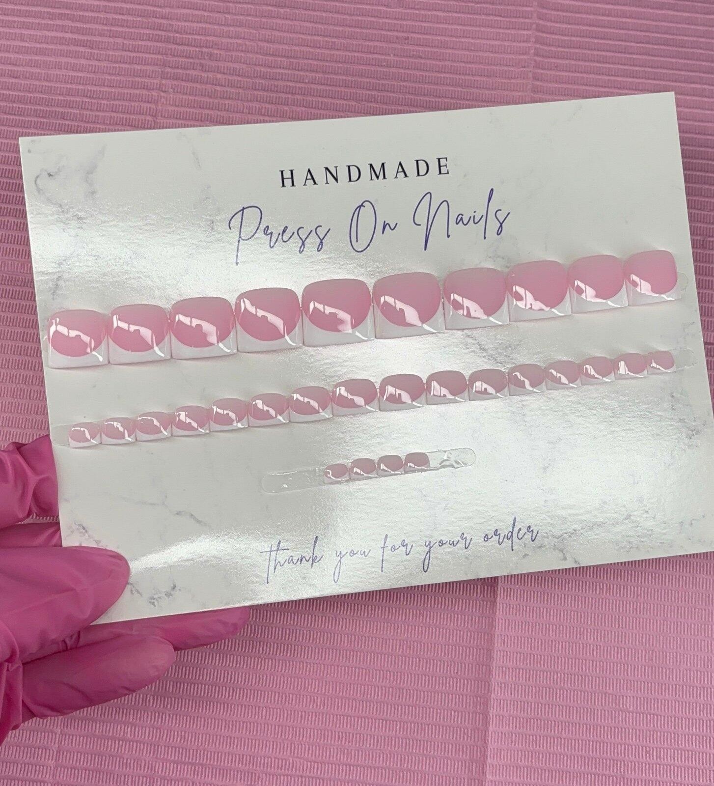 press on toenails pink nude white French tips handmade gel