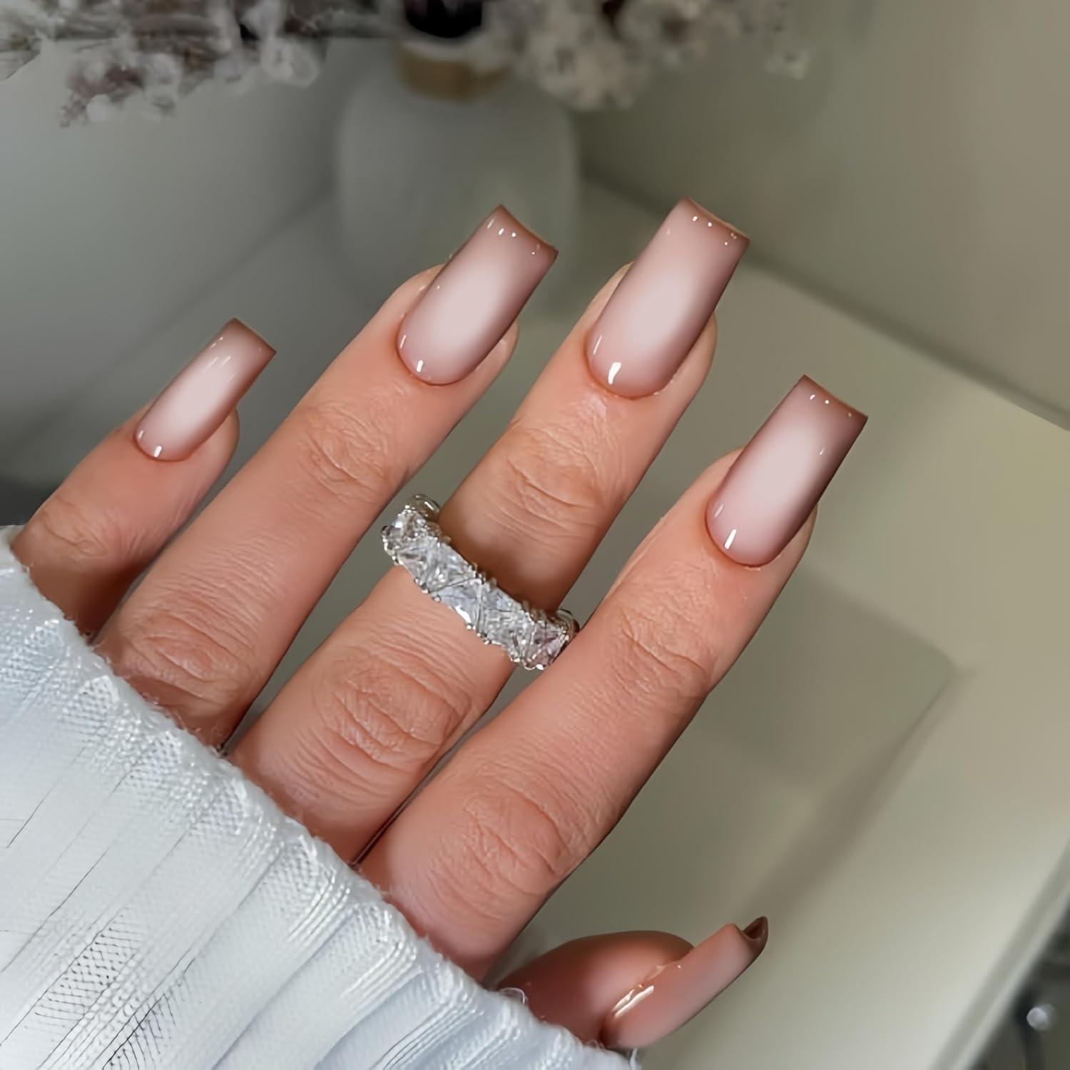 Ombre Brown Press on Nails Long Square Shaped Gradient White french brown