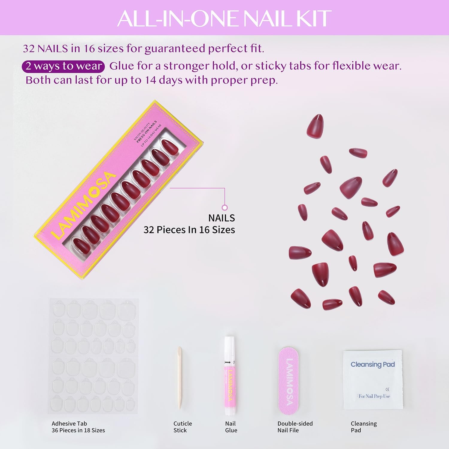 32Pcs Burgundy Red French Tip False Nails – Short Almond Press on Nails kit w…