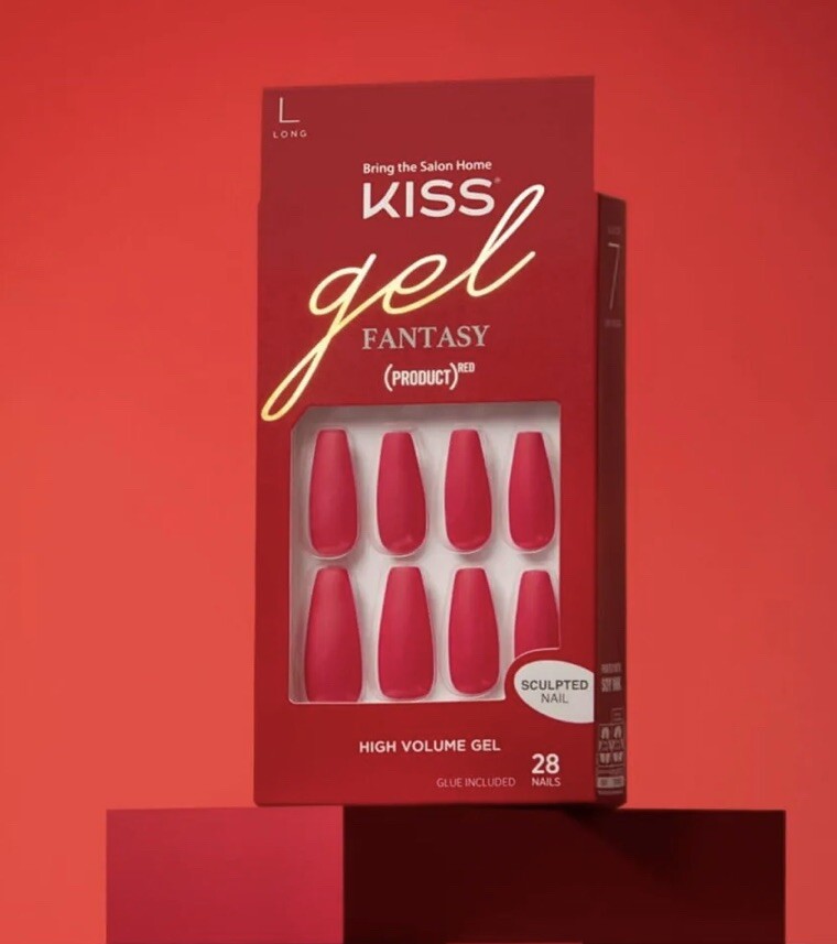 KISS Gel Fantasy Matte RED Gel Nails Long Coffin Glue-On Nails SCULPTED 86762