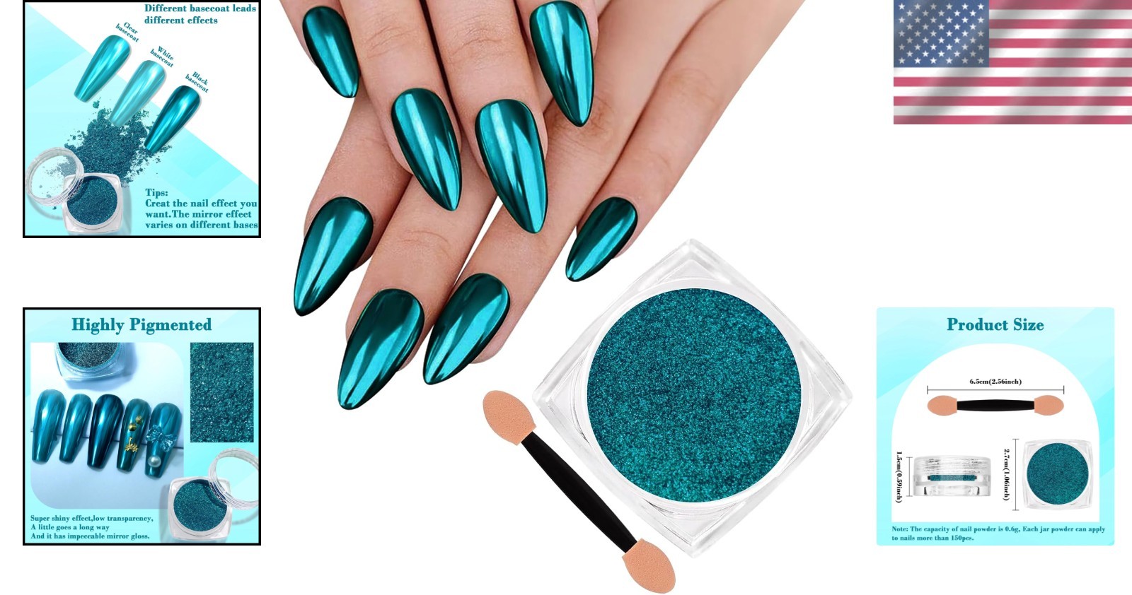 High-Pigmented Lake Blue Chrome Nail Powder with Eyeshadow Stick for Easy Art
