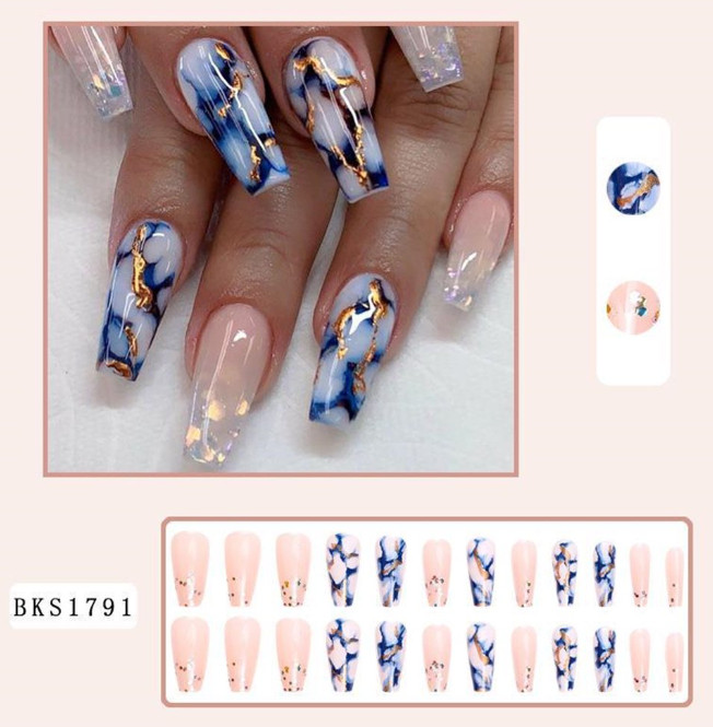 24 Pcs Press-On Nails – Long Coffin Glossy- Blue, White, Nude, Gold w/Glitter