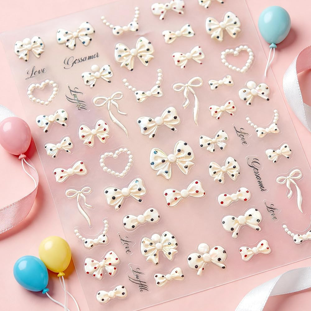 5D Embossed Polka Dot Bow Nail Stickers Shell Light Cute Heart Bow Nail Decals F