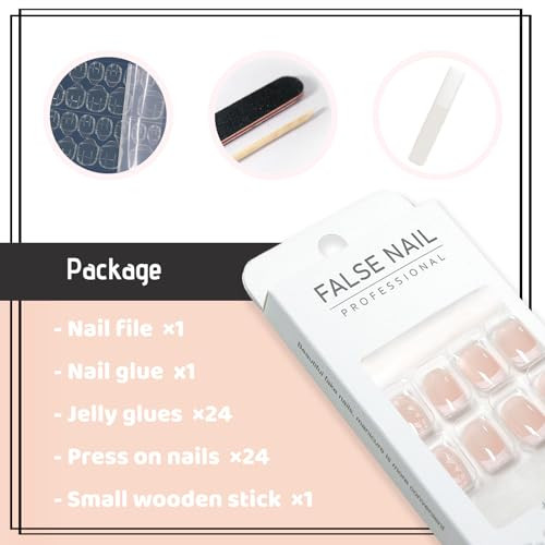 French Tip Fake Nails Square Short Press on Nails with Designs 0F-White Flower