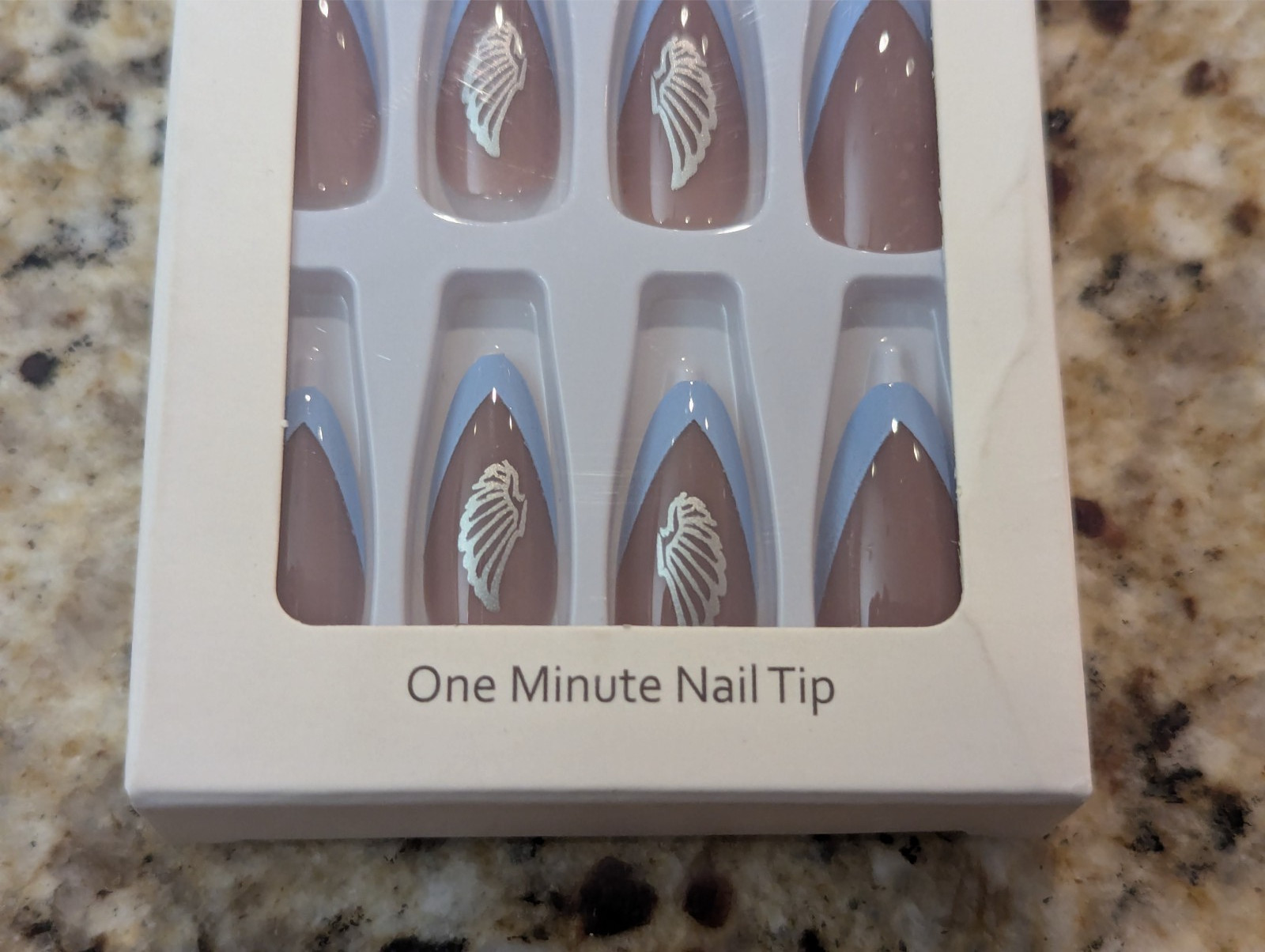 Press On Nails One Minute Nail Tip #408 Almond Brown Blue Tip Wing Design 24ct