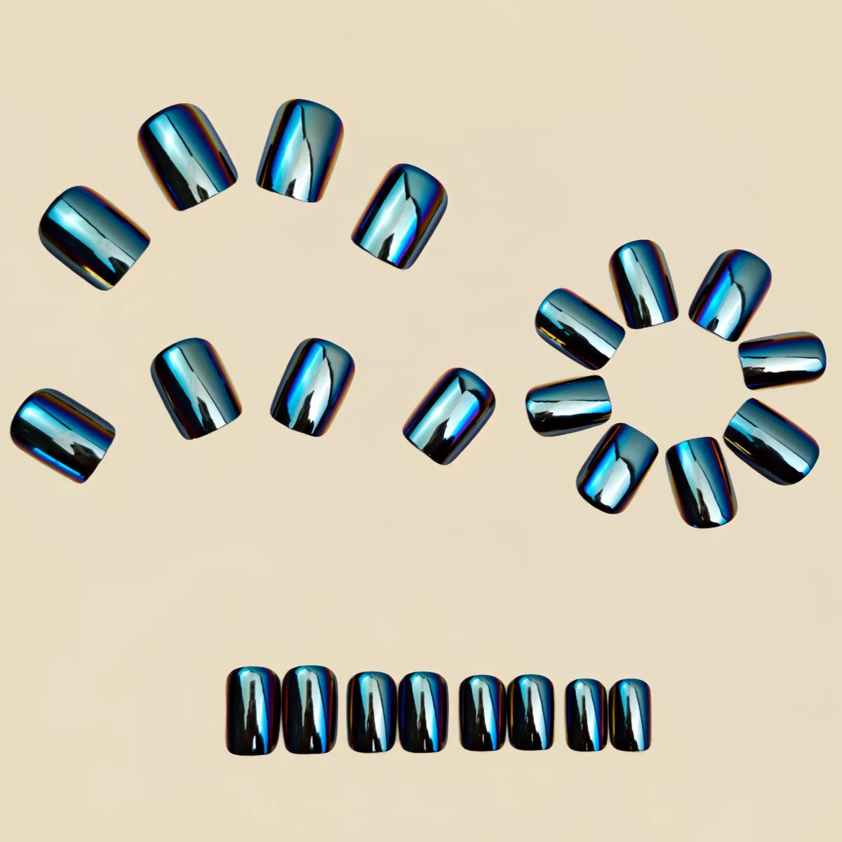 Purple Blue Pink Electric Plated Press On Nails Short Medium Glossy Square Fake